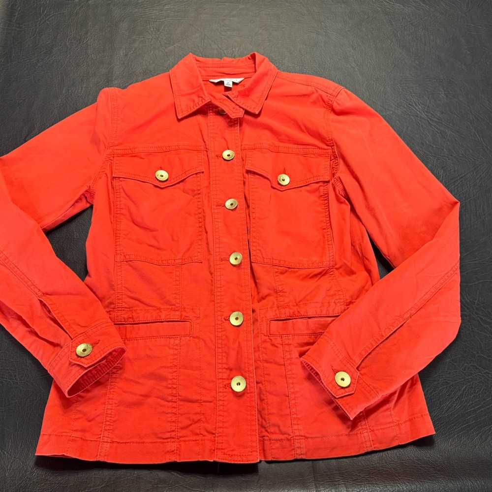 CAbi Coral Utility Jacket | Ruffle Back | Size Medium | 97% Cotton